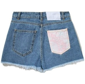Comme Des Fuckdown Chic Raw Hem Denim Shorts with Abstract Print
