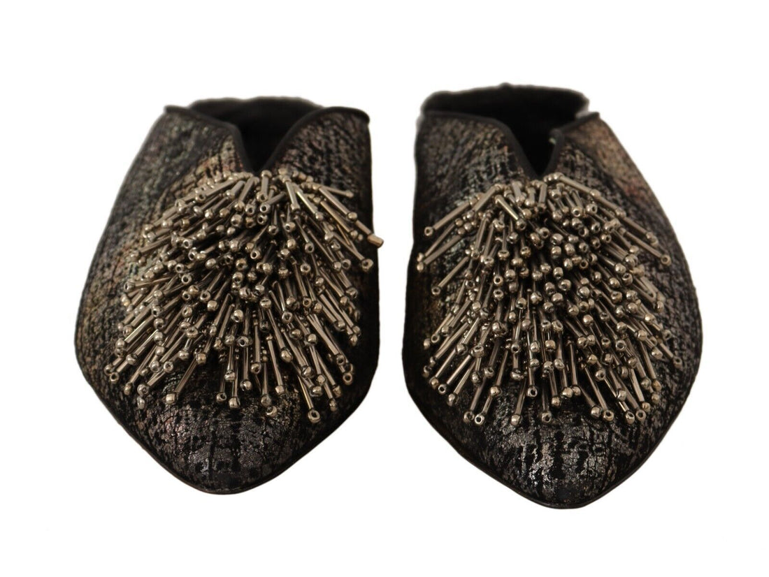 Paola D'Arcano Gold Jacquard Leather Embellished Slip On Shoes